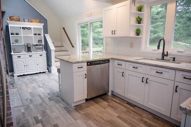 kitchen featuring sink, dishwasher, light wood-type flooring, and plenty of natural light