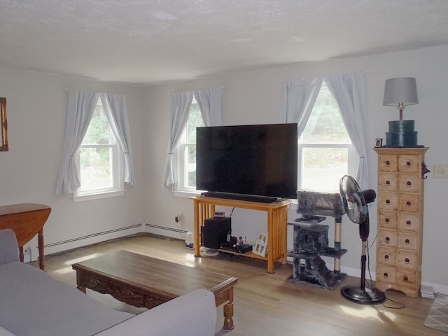 living room with light hardwood / wood-style floors and a baseboard radiator