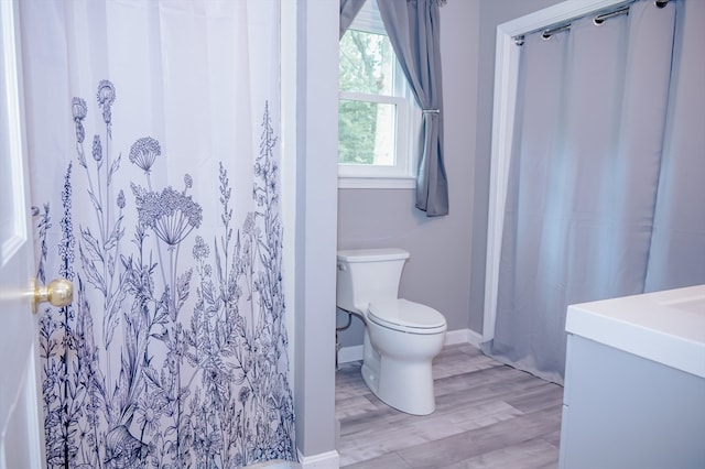 bathroom featuring hardwood / wood-style flooring, toilet, and vanity