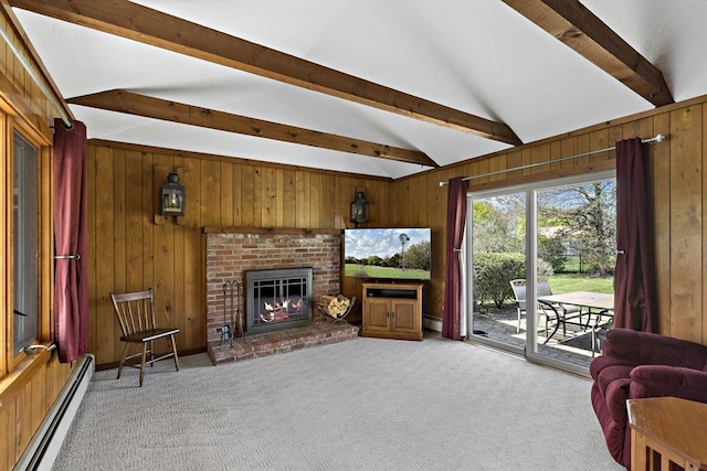 living area with wooden walls, light colored carpet, lofted ceiling with beams, baseboard heating, and a fireplace