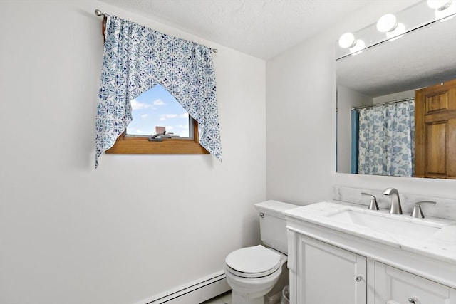 full bathroom featuring vanity, toilet, a textured ceiling, a shower with shower curtain, and a baseboard heating unit