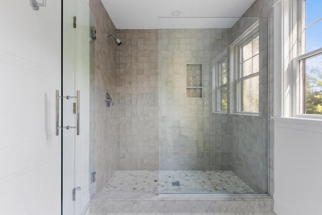 bathroom with a shower with door and a wealth of natural light