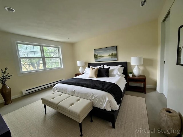 bedroom featuring baseboards, a baseboard radiator, and visible vents