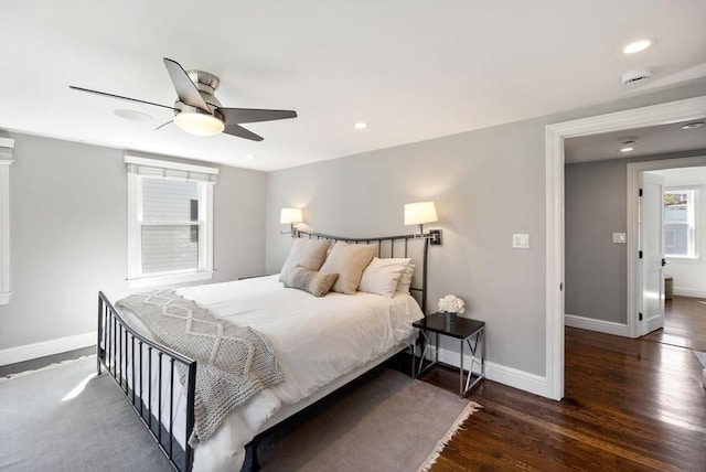 bedroom with wood finished floors, baseboards, a ceiling fan, and recessed lighting