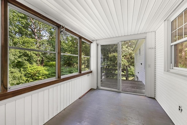 45 Donamor Ln, East Longmeadow, MA 01028 - unfurnished sunroom with a deck, hardwood / wood-style flooring, and wooden ceiling