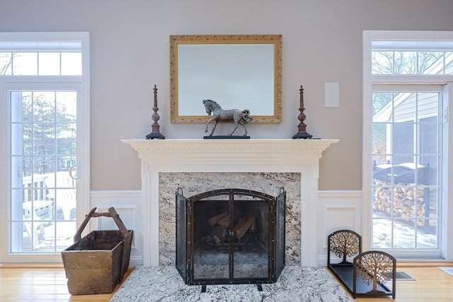 details with wood finished floors, wainscoting, a decorative wall, and a premium fireplace