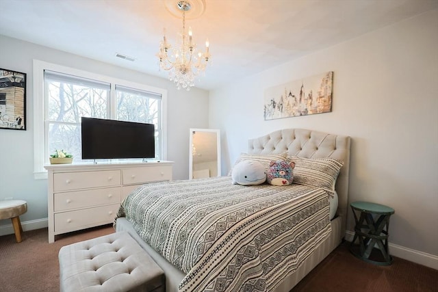 bedroom with a notable chandelier, baseboards, visible vents, and carpet flooring