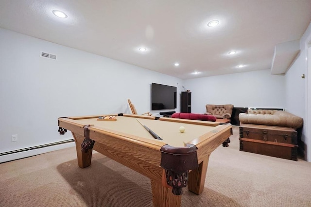 game room featuring recessed lighting, billiards, and light colored carpet