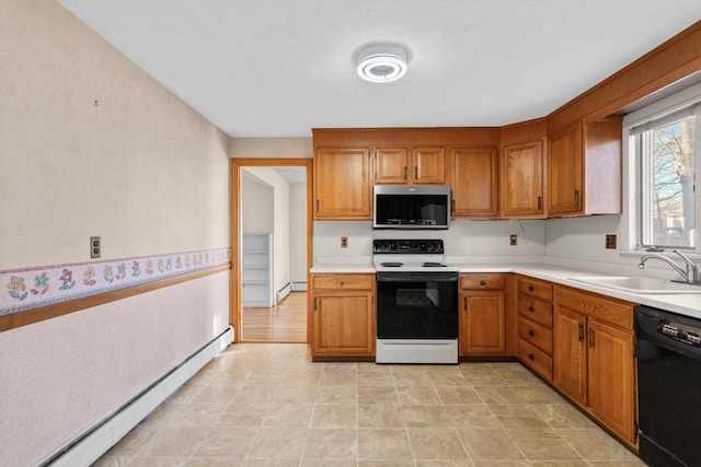 kitchen with baseboard heating, sink, black dishwasher, and white electric range