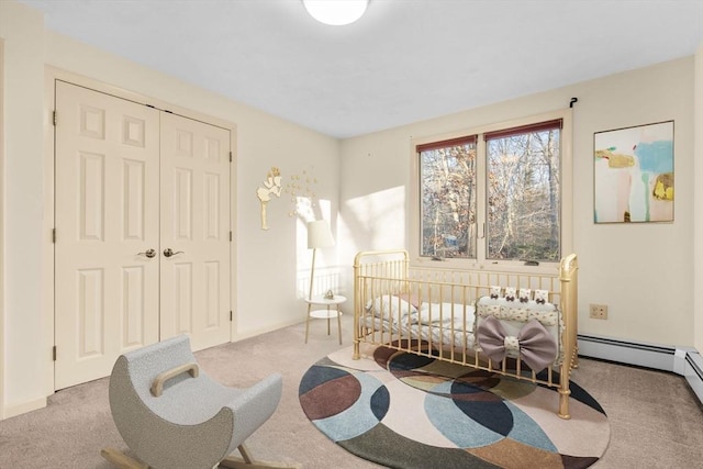 carpeted bedroom with a crib and a closet