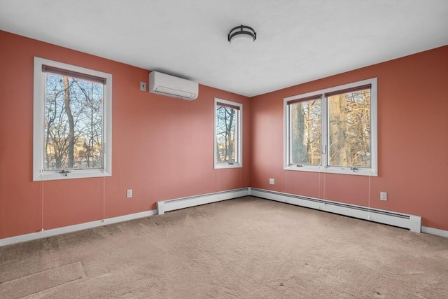 carpeted spare room featuring baseboard heating and a wall mounted air conditioner