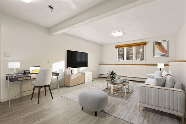 living room with baseboard heating, beam ceiling, and light wood-type flooring