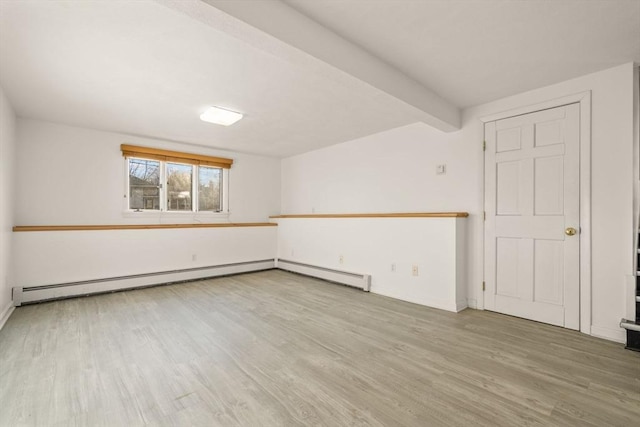 spare room featuring hardwood / wood-style floors, beam ceiling, and a baseboard radiator