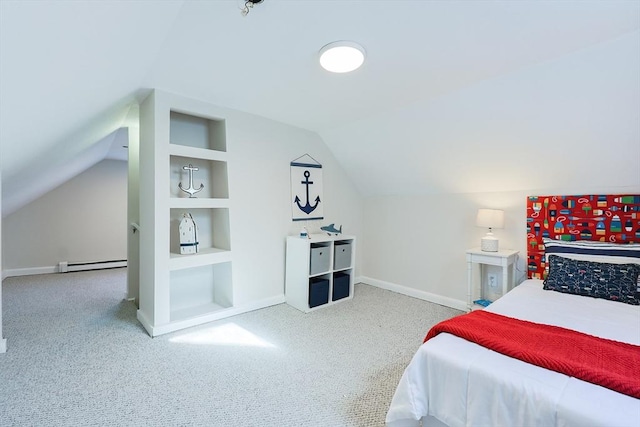 carpeted bedroom featuring a baseboard radiator and vaulted ceiling