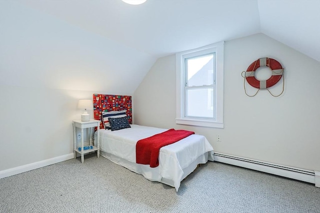 carpeted bedroom featuring lofted ceiling and a baseboard radiator