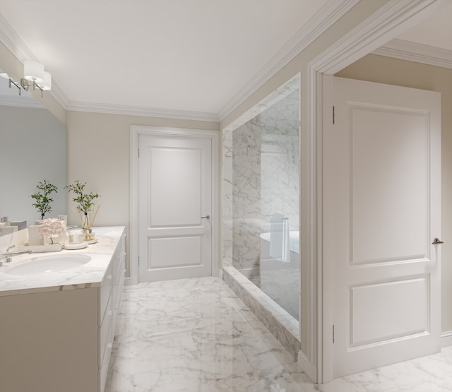 bathroom with vanity, tiled shower, and crown molding