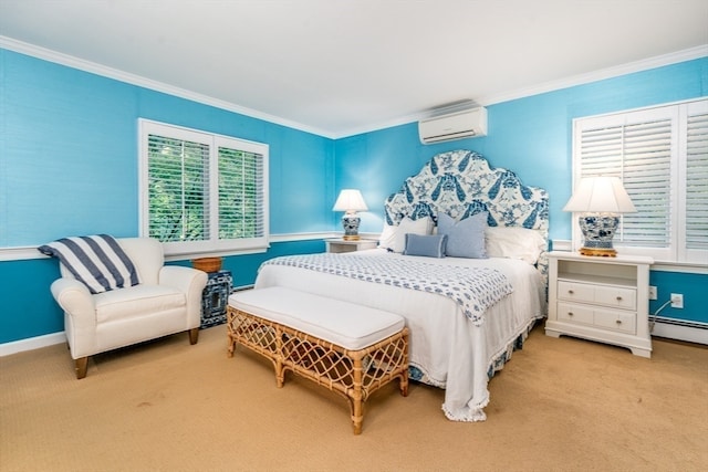 bedroom featuring light carpet, ornamental molding, and multiple windows