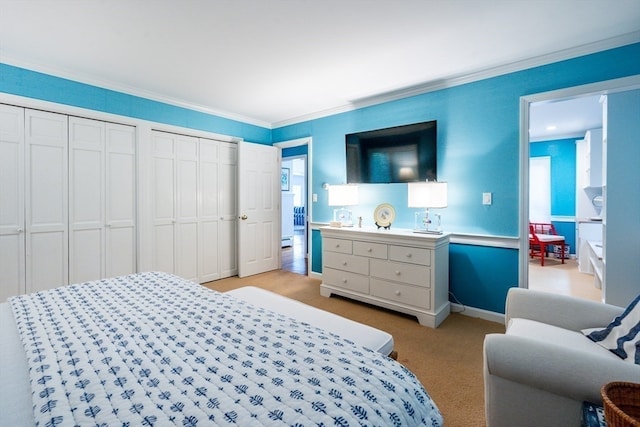 carpeted bedroom with ornamental molding and multiple closets