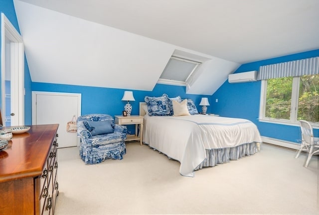 carpeted bedroom with lofted ceiling and a wall mounted air conditioner