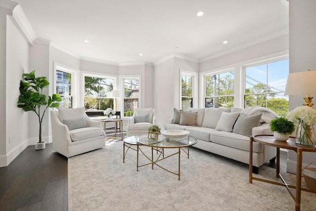 living area featuring wood finished floors, recessed lighting, baseboards, and crown molding