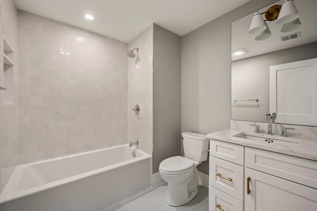 bathroom featuring toilet, vanity, washtub / shower combination, baseboards, and recessed lighting