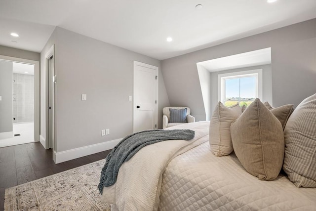 bedroom with wood finished floors, recessed lighting, and baseboards