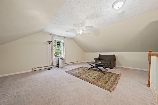 bonus room with a baseboard radiator, a baseboard heating unit, carpet flooring, and lofted ceiling