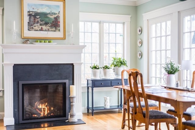 interior space featuring ornamental molding, a lit fireplace, and wood finished floors