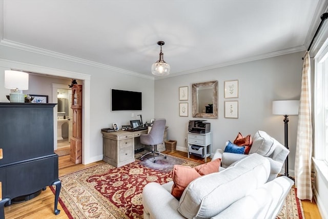 living room with baseboards, light wood-style floors, and crown molding