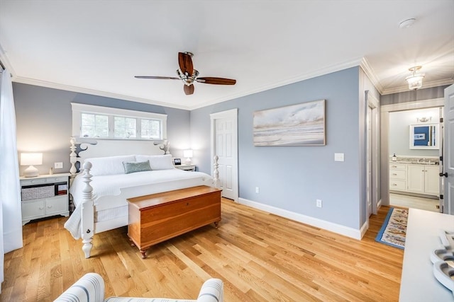 bedroom with a ceiling fan, baseboards, ornamental molding, ensuite bathroom, and light wood-style floors