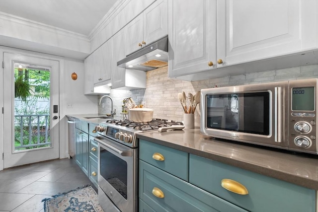 2313 Washington St, Holliston, MA 01746 - kitchen featuring stainless steel appliances, under cabinet range hood, a sink, white cabinets, and decorative backsplash