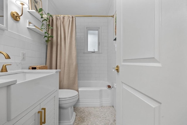 2313 Washington St, Holliston, MA 01746 - bathroom with vanity, toilet, shower / bathtub combination with curtain, and tile patterned flooring