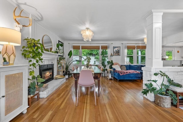 2313 Washington St, Holliston, MA 01746 - dining space featuring plenty of natural light, wood-type flooring, a glass covered fireplace, and ornamental molding