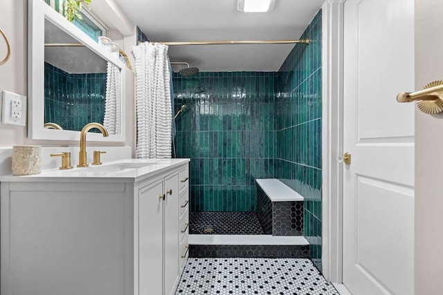 2313 Washington St, Holliston, MA 01746 - full bath with vanity, tiled shower, and tile patterned flooring