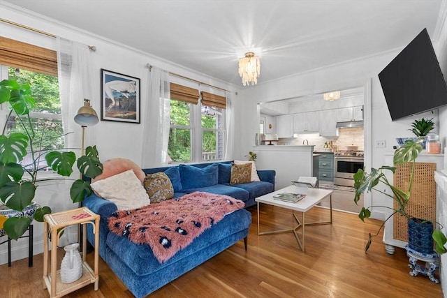 2313 Washington St, Holliston, MA 01746 - living room with light wood-type flooring, ornamental molding, and a chandelier