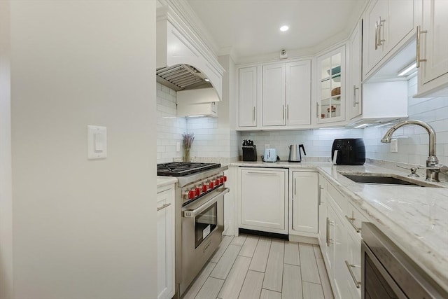 kitchen with sink, luxury range, tasteful backsplash, white cabinets, and custom exhaust hood