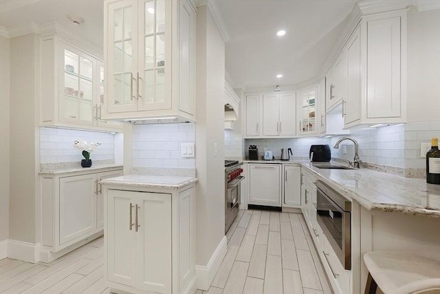 kitchen featuring backsplash, white cabinets, sink, light stone countertops, and appliances with stainless steel finishes