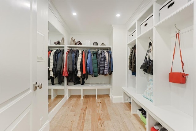 mudroom featuring light hardwood / wood-style flooring and ornamental molding