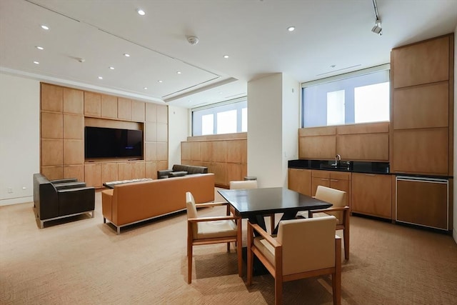 carpeted dining room featuring sink and rail lighting