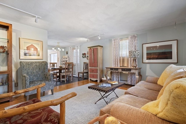 living area with a textured ceiling, wood finished floors, rail lighting, and a notable chandelier