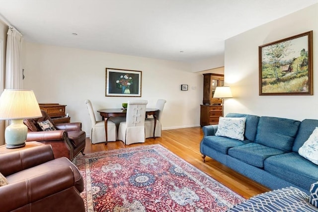 living area featuring baseboards and wood finished floors