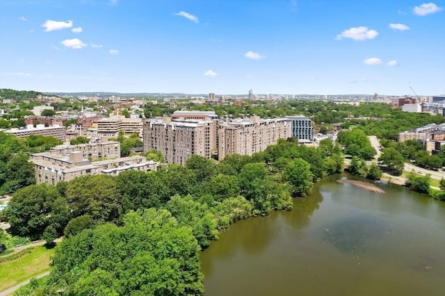 birds eye view of property featuring a water view