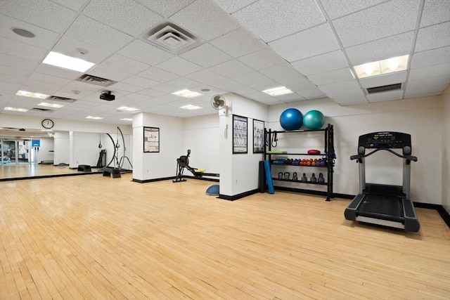 workout area with a paneled ceiling and light wood-type flooring