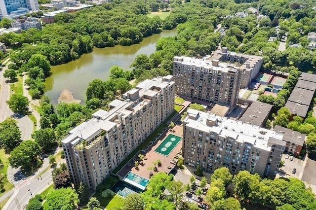 drone / aerial view featuring a water view