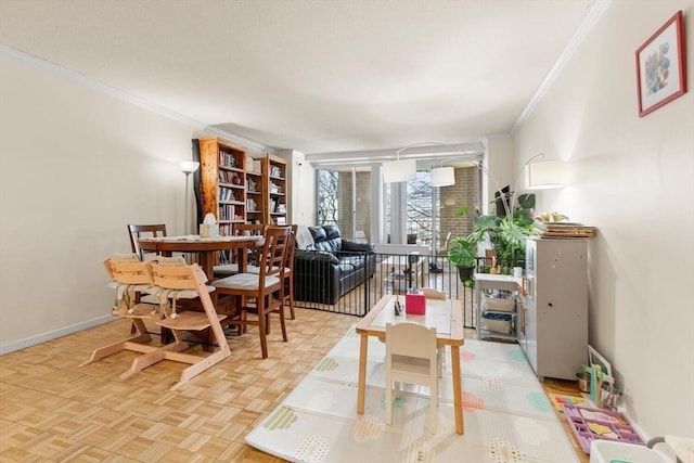 interior space with ornamental molding and light parquet flooring