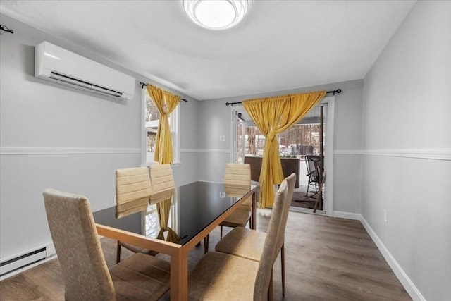 dining room featuring dark wood-type flooring, a wall unit AC, and a baseboard radiator