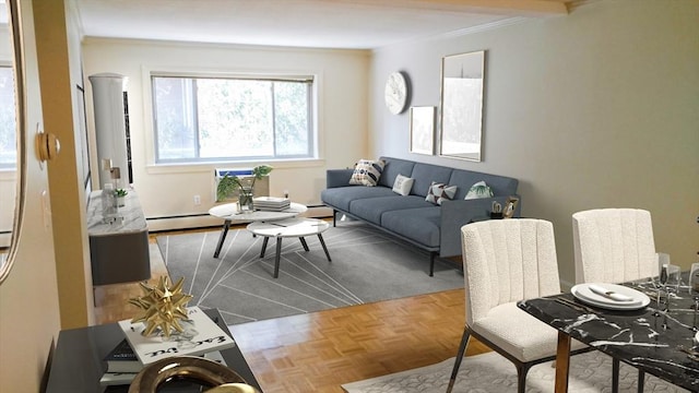 329 Harvard St Unit 11, Cambridge, MA 02139 - living room with ornamental molding, a baseboard heating unit, and a baseboard radiator