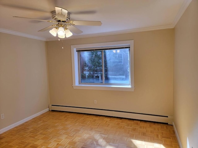 329 Harvard St Unit 11, Cambridge, MA 02139 - spare room featuring baseboard heating, baseboards, ceiling fan, and ornamental molding