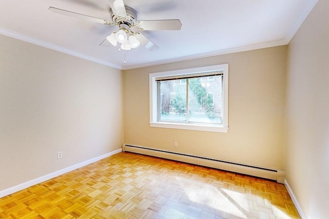 329 Harvard St Unit 11, Cambridge, MA 02139 - spare room with baseboard heating, baseboards, ceiling fan, and crown molding