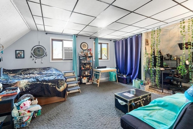 bedroom featuring carpet and vaulted ceiling